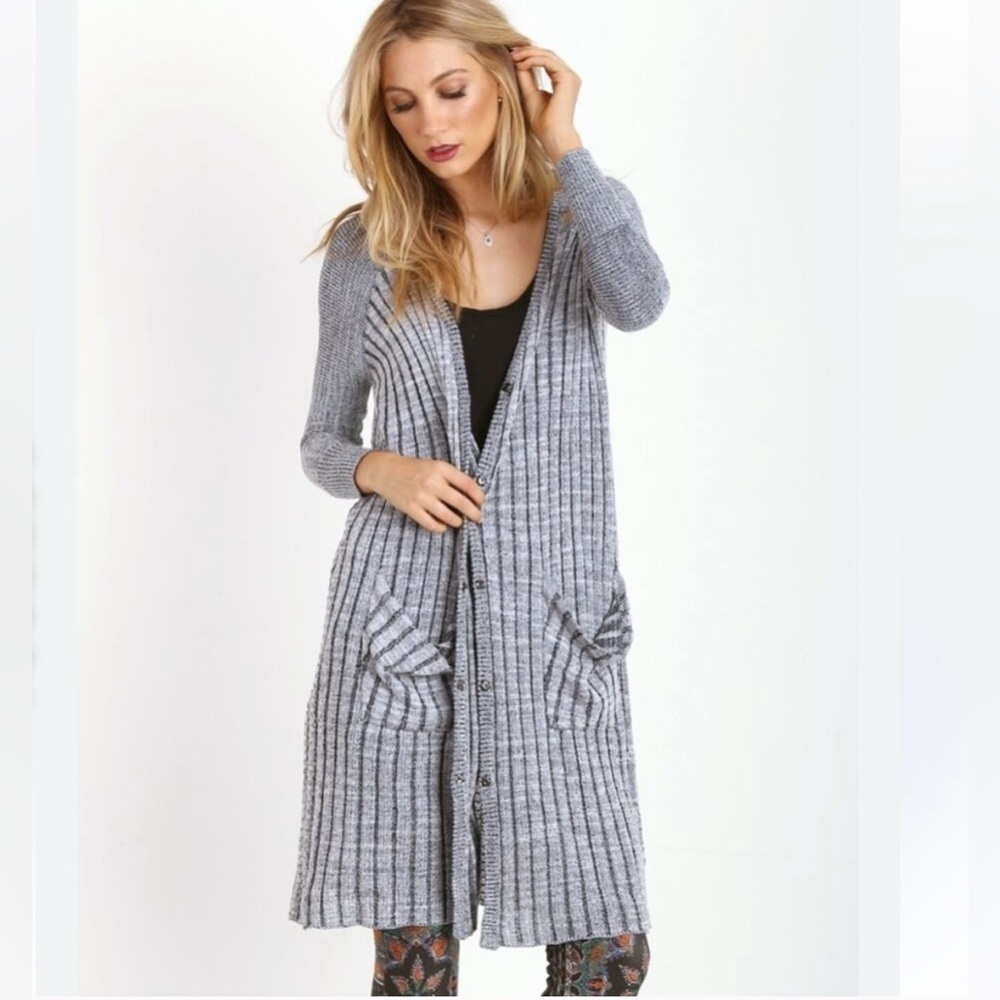 Free People Shadow Stripe Duster‎ Cardigan Gray Black Rib Knit Size Small